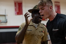 U.S. Marine Corps drill instructors with Marine Corps Recruit Depot San Diego participate in Drill Instructor Nights at various Recruiting Sub-Stations across northern Wisconsin from March 18-22, 2024. Drill Instructor Night introduces poolees in the delayed entry program to incentive training, basic drill movements, and gives families the opportunity to ask questions about recruit training and the Marine Corps. (U.S. Marine Corps photo by Lance Cpl. Reine Whitaker)