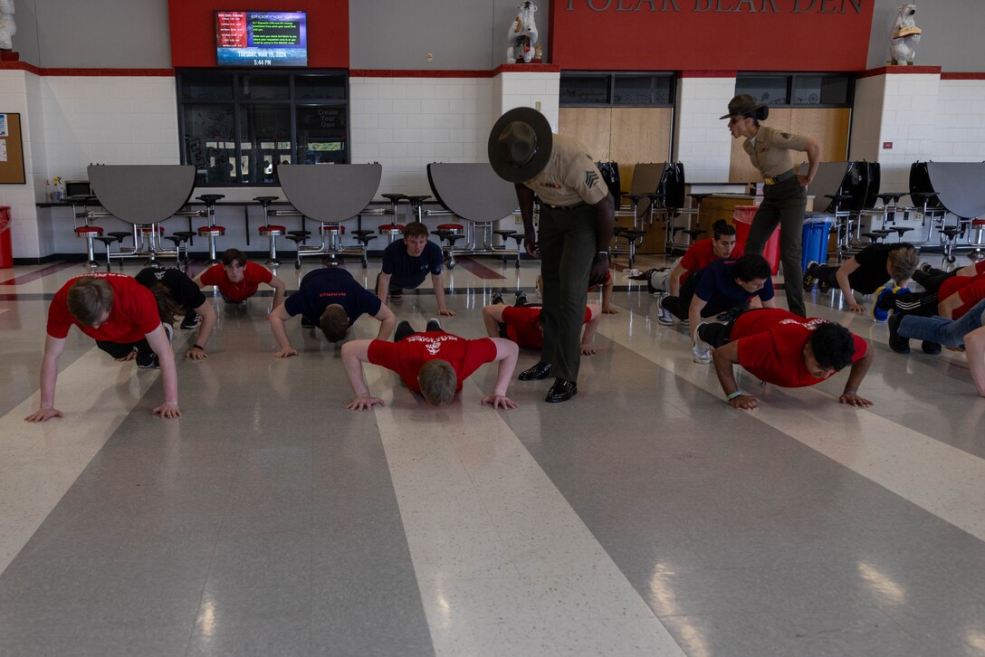 U.S. Marine Corps drill instructors with Marine Corps Recruit Depot San Diego participate in Drill Instructor Nights at various Recruiting Sub-Stations across northern Wisconsin from March 18-22, 2024. Drill Instructor Night introduces poolees in the delayed entry program to incentive training, basic drill movements, and gives families the opportunity to ask questions about recruit training and the Marine Corps. (U.S. Marine Corps photo by Lance Cpl. Reine Whitaker)