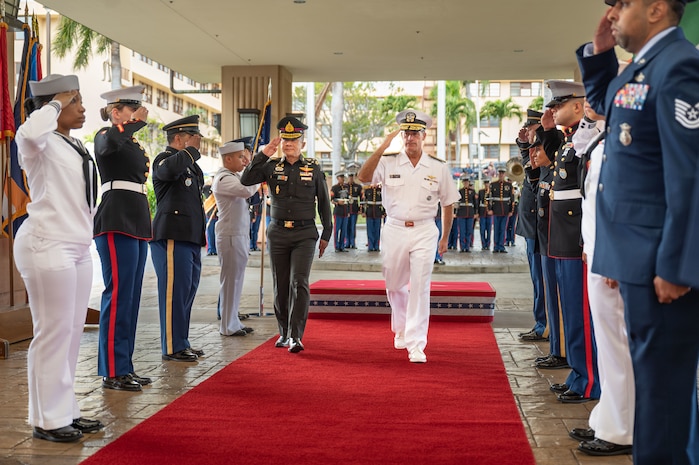 Adm. John C. Aquilino, commander, U.S. Indo-Pacific Command, hosts Gen. Songwit Noonpakdee, Royal Thai Armed Forces (RTARF) Chief of Defence, at USINDOPACOM headquarters, Camp H.M. Smith in Honolulu on March 27, 2024. The visit was a part of the annual U.S.-Thailand Senior Leader Dialogue (SLD), which included exchanges on regional security and expanded the scope and complexity of the strong U.S.-Thai relationship, which dates back to 1833.



USINDOPACOM is committed to enhancing stability in the Indo-Pacific region by promoting security cooperation, encouraging peaceful development, responding to contingencies, deterring aggression and, when necessary, fighting to win.

(U.S. Navy photo by Mass Communication Specialist 1st Class Randi Brown)