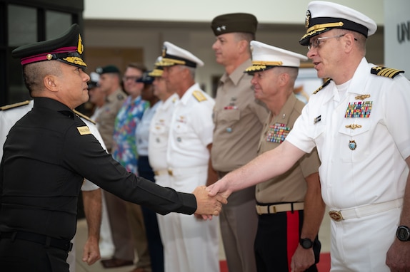 Adm. John C. Aquilino, commander, U.S. Indo-Pacific Command, introduces Gen. Songwit Noonpakdee, Royal Thai Armed Forces (RTARF) Chief of Defence, to USINDOPACOM leadership, March 27, 2024. The visit was a part of the annual U.S.-Thailand Senior Leader Dialogue (SLD), which included exchanges on regional security and expanded the scope and complexity of the strong U.S.-Thai relationship, which dates back to 1833.



USINDOPACOM is committed to enhancing stability in the Indo-Pacific region by promoting security cooperation, encouraging peaceful development, responding to contingencies, deterring aggression and, when necessary, fighting to win.

(U.S. Navy photo by Mass Communication Specialist 1st Class Randi Brown)