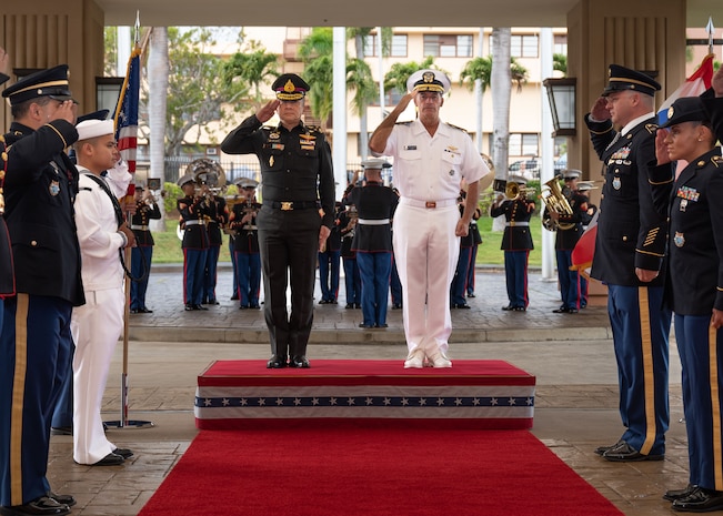 Adm. John C. Aquilino, commander, U.S. Indo-Pacific Command, hosts Gen. Songwit Noonpakdee, Royal Thai Armed Forces (RTARF) Chief of Defence, at USINDOPACOM headquarters, Camp H.M. Smith in Honolulu on March 27, 2024. The visit was a part of the annual U.S.-Thailand Senior Leader Dialogue (SLD), which included exchanges on regional security and expanded the scope and complexity of the strong U.S.-Thai relationship, which dates back to 1833.



USINDOPACOM is committed to enhancing stability in the Indo-Pacific region by promoting security cooperation, encouraging peaceful development, responding to contingencies, deterring aggression and, when necessary, fighting to win.

(U.S. Navy photo by Mass Communication Specialist 1st Class Randi Brown)