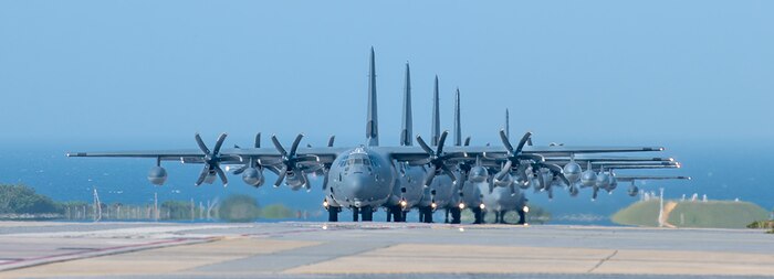 Five MC-130J Commando IIs assigned to the 1st Special Operations Squadron taxi before the Flight of the Flock training event at Kadena Air Base, Japan, March 26, 2024. Flight of the Flock is an annual drill conducted by the 353rd Special Operations Wing to test the unit’s mission generation and agile combat employment capabilities. (U.S. Air Force photo by Senior Airman Sebastian Romawac)