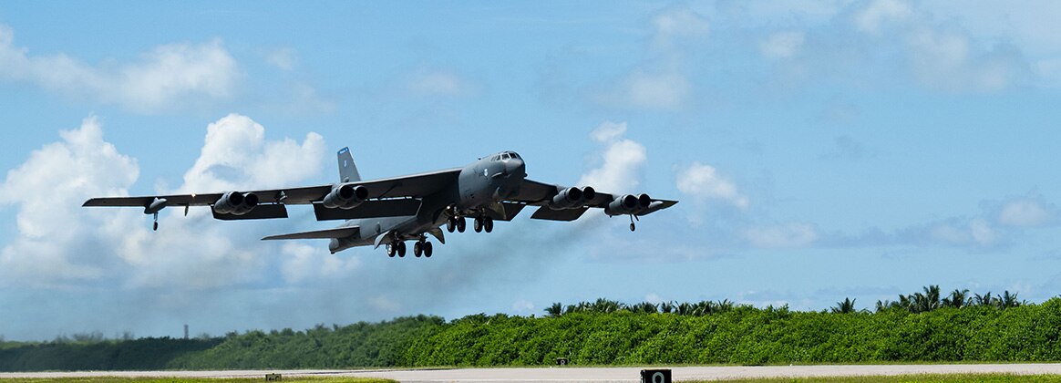 240326-F-VY794-6737 DIEGO GARCIA (March 25, 2024) A B-52 Stratofortress assigned to the 2nd Bomb Wing at Barksdale Air Force Base, Louisiana, takes off from Navy Support Facility, Diego Garcia in support of a Bomber Task Force mission, March 26, 2024. The U.S. routinely and visibly demonstrates commitment to our allies and partners through the global employment of our military forces.(U.S. Air Force photo by Master Sgt. Staci Kasischke)