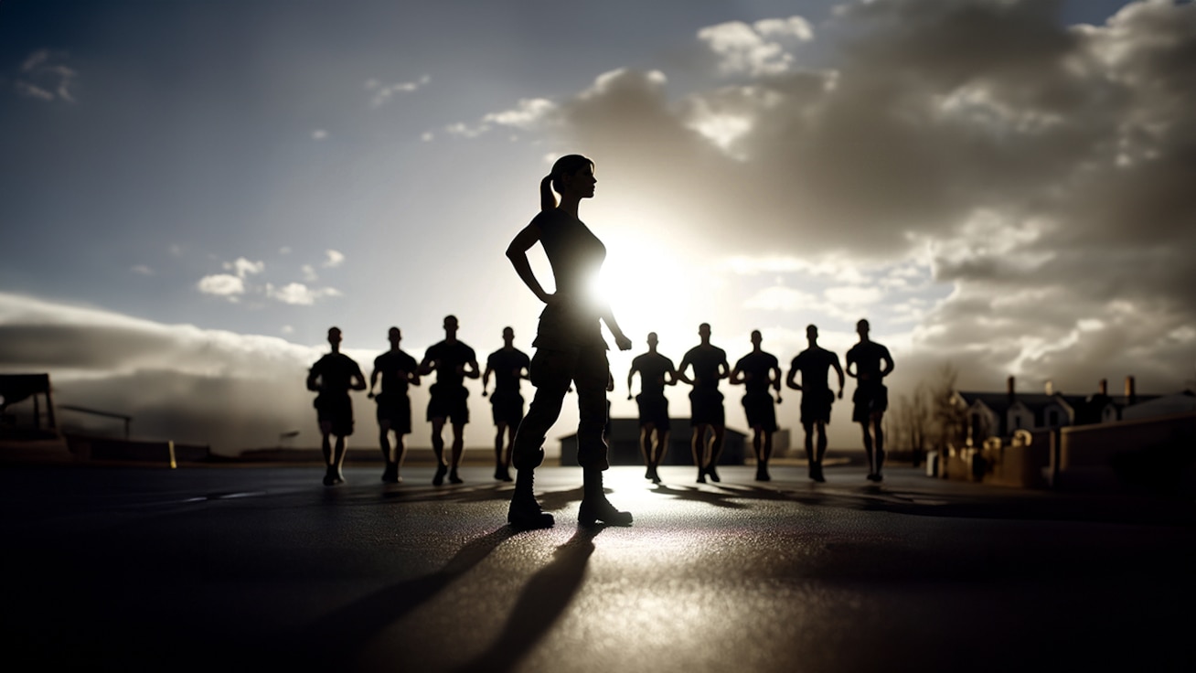 A video thumbnail featuring a silhouette a female service member, standing confidently in the foreground, against a dramatic sky with the sun low on the horizon behind them. They are seemingly overseeing a group of service members in the background who are engaged in a physical training activity. The setting has an early morning feel, with the sunlight casting long shadows on the ground. The composition suggests themes of leadership, fitness, and discipline within a military context.