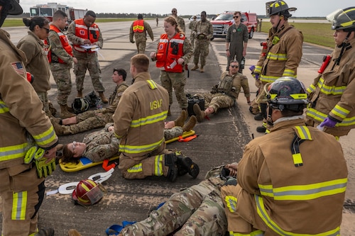 U.S. Air Force Airmen assigned to the 23rd Wing participate in an aircraft accident response exercise at Moody Air Force Base, Georgia, March 26, 2024. Subject matter experts from various career fields provided desired learning objectives to the 23rd Wing Inspector General office. The IG then built the exercise around these objectives to test each agency's ability to integrate. (U.S. Air Force photo by Senior Airman Deanna Muir)