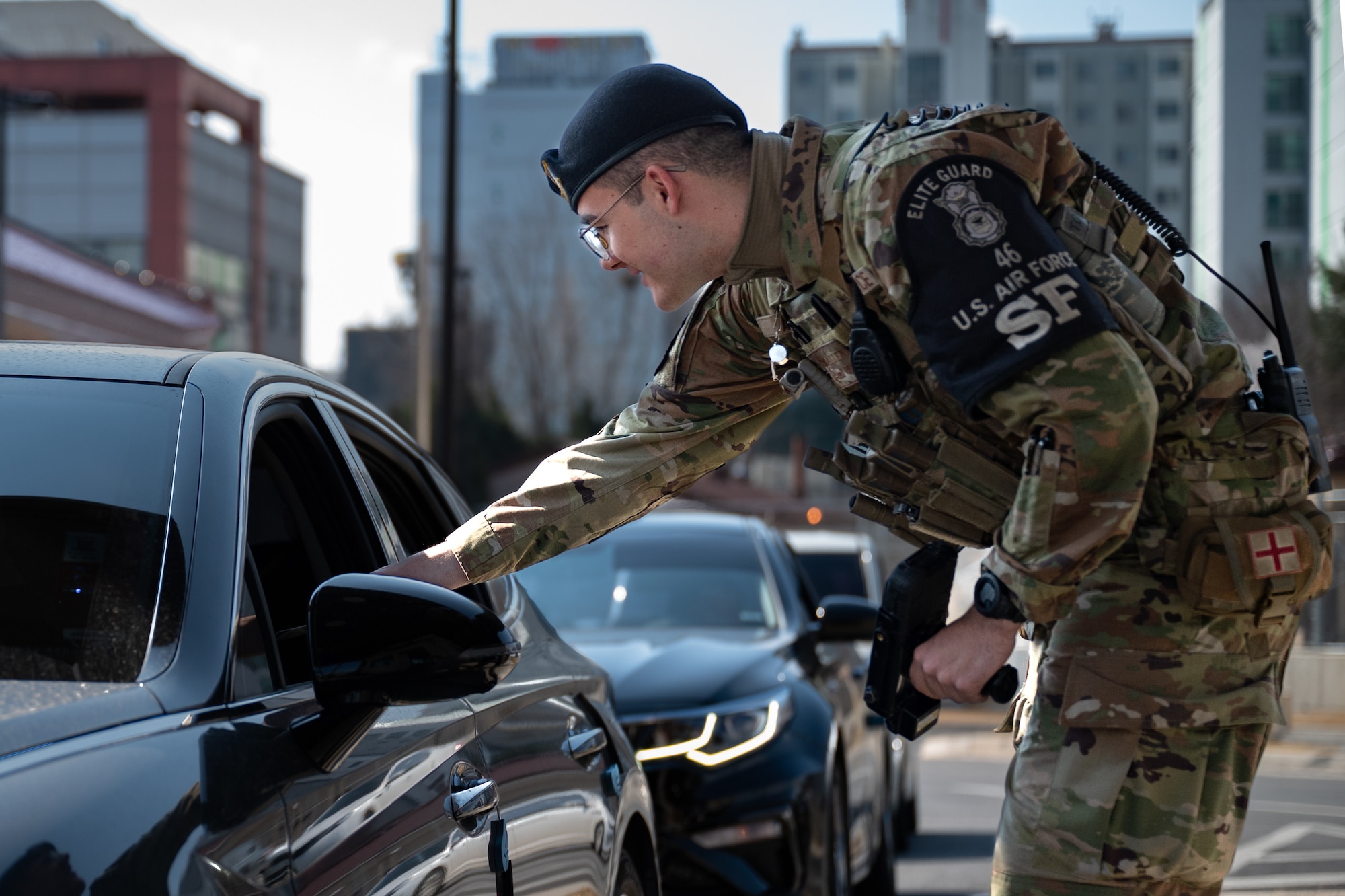 U.S. Air Force Airman Hunter Allen, 51st Security Forces Squadron elite guard, scans a common access card at Osan Air Base, Republic of Korea, March 21, 2024. Elite guards exemplify superior dedication to duty, ensuring the highest level of security and access control, vital to safeguarding Osan’s mission and personnel. (U.S. Air Force photo by Senior Airman Brittany Russell)