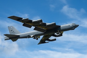 A B-52 Stratofortress assigned to the 2nd Bomb Wing at Barksdale Air Force Base, La., takes off i