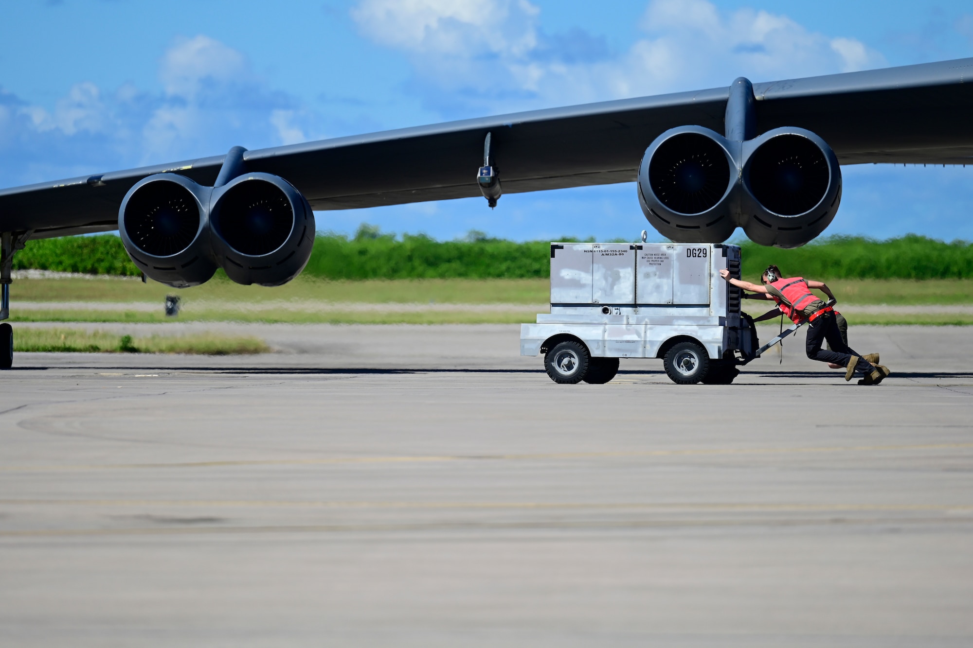 Airmen from the 96th Aircraft Maintenance Squadron prepare B-52 Stratofortress assigned to Barksdale Air Force Base, Louisiana, to take-off from Navy Support Facility, Diego Garcia in support of a Bomber Task Force mission, March 28, 2024. BTF missions enable crews to maintain a high state of readiness and proficiency and validate our always-ready global strike capability. (U.S. Air Force photo by Master Sgt. Staci Kasischke)