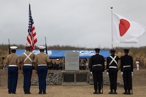 U.S. Marines with the III Marine Expeditionary Force color guard and Japan Ground Self-Defense Force color guard stand at attention during the Reunion of Honor ceremony on Iwo To, Japan, March 30, 2024. The 79th annual Reunion of Honor ceremony commemorates the veterans who fought for their respective countries on this hallowed ground; their battle has inspired future generations to value and maintain peace, security and stability in the Indo-Pacific region and beyond. (U.S. Marine Corps photo by Sgt. Christian M. Garcia)