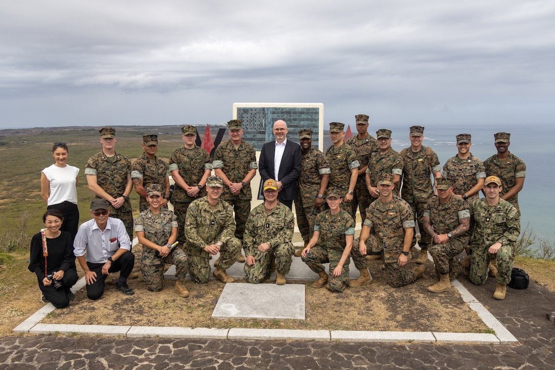 Distinguished visitors pose for a group photo after the Reunion of Honor ceremony on Iwo To, Japan, March 30, 2024. The 79th annual Reunion of Honor ceremony commemorates the veterans who fought for their respective countries on this hallowed ground; their battle has inspired future generations to value and maintain peace, security and stability in the Indo-Pacific region and beyond. (U.S. Marine Corps photo by Sgt. Christian M. Garcia)