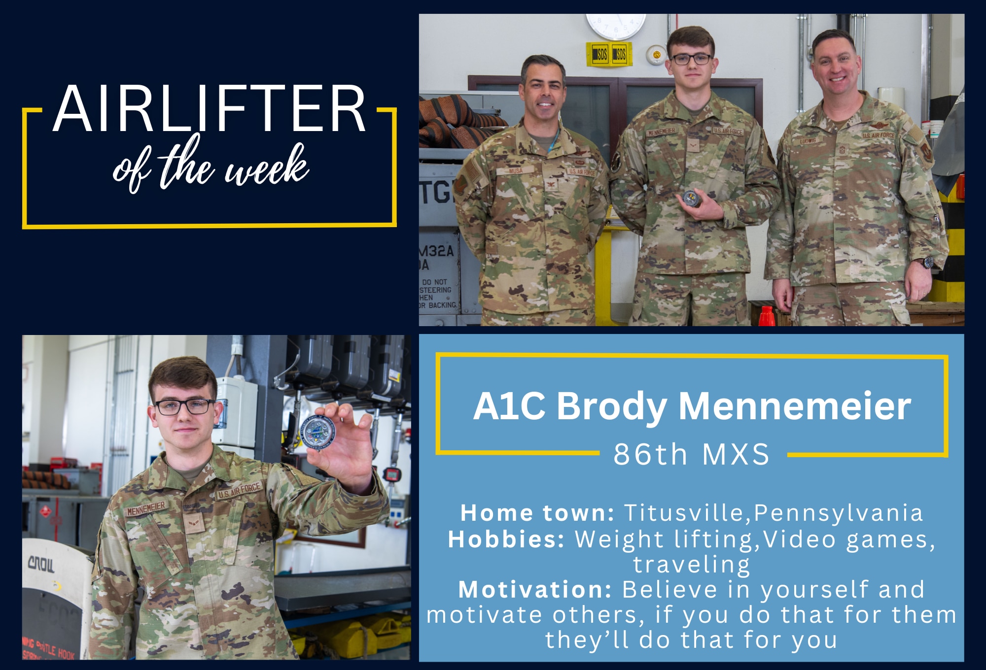 A graphic depicts photos of Airman 1st Class Brody Mennemeier winning Airlifter of the Week
