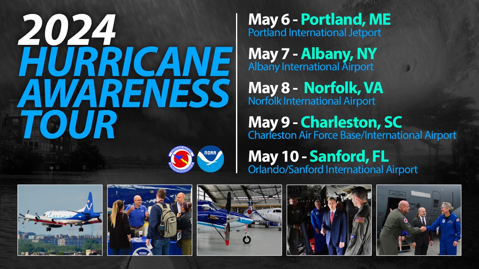 Graphic showing dates and locations of the Hurricane Awareness Tour 2024
