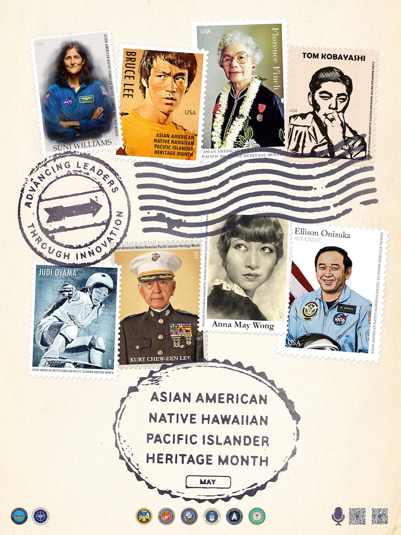 A color poster with images of Asian Americans, native Hawaiians and Pacific Islanders in celebration of Asian American Native Hawaiian, and Pacific Islander month.