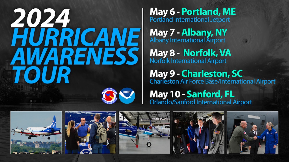 Graphic showing the dates and locations of the 2024 Hurricane Awareness Tour along the East Coast.
