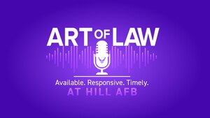 A white silhouette of a microphone and U.S. Air Force logo, along with the words ART of Law at Hill AFB, and available, responsive and timely, on a purple background.