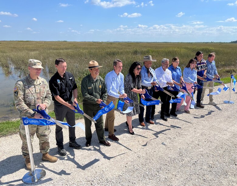 Maj. Cory Bell, U.S. Army Corps of Engineers Deputy District Commander for South Florida joined local, state, federal and tribal officials as well as stakeholders to cut the ribbon on the Central Everglades Planning Project (CEPP) New Water Seepage Barrier Wall Project.