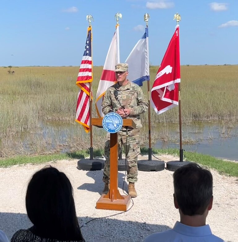 Maj. Cory Bell, U.S. Army Corps of Engineers Deputy District Commander for South Florida joined local, state, federal and tribal officials as well as stakeholders to cut the ribbon on the Central Everglades Planning Project (CEPP) New Water Seepage Barrier Wall Project.