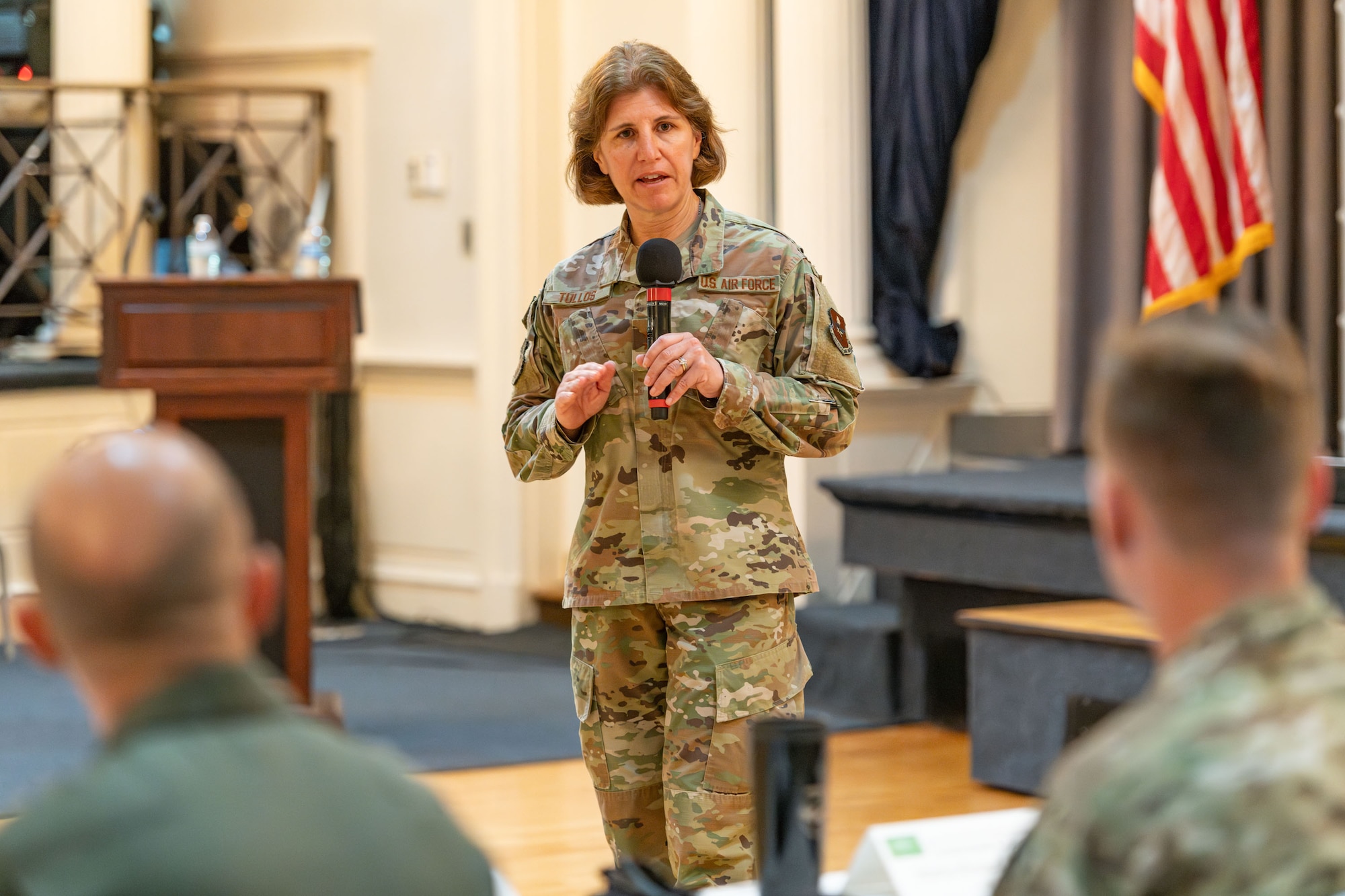 Lt. Gen. Andrea Tullos, Air University commander and president, provides participants of the International Alumni of Distinction Seminar with the mission and vison of Air University and answers questions after her presentation at Maxwell Air Force Base, Montgomery, Ala. International graduates representing various countries return to the Air University campus, joining Air Force and Department of State leaders to share perspectives on a variety of military topics during the second annual International Alumni of Distinction Seminar at Maxwell Air Force Base. Apr. 15, 2024. International Officer School hosted the five-day event, which was built around the theme, “Peace Through Partnership” and is designed to enhance partnerships and build strategic relationships with partners and allies to maintain the leading edge in global competition. (U.S. Air Force photo by Trey Ward)