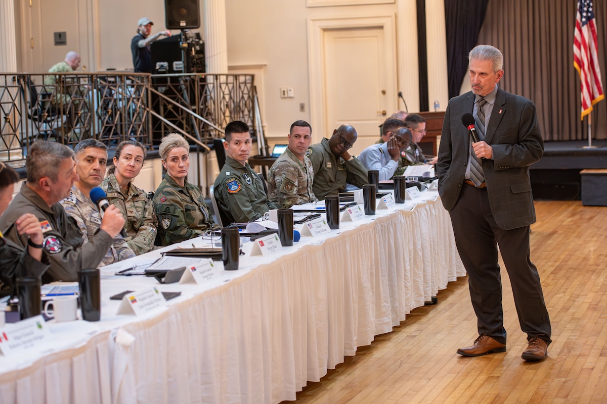 Dr. Mark Conversino, Air University Provost and Chief Academic Officer, gives participants of the International Alumni of Distinction Seminar an overview of Air University and answers questions after his presentation at Maxwell Air Force Base, Montgomery, Ala. International graduates representing various countries return to the Air University campus, joining Air Force and Department of State leaders to share perspectives on a variety of military topics during the second annual International Alumni of Distinction Seminar at Maxwell Air Force Base. Apr. 15, 2024. International Officer School hosted the five-day event, which was built around the theme, “Peace Through Partnership” and is designed to enhance partnerships and build strategic relationships with partners and allies to maintain the leading edge in global competition. (U.S. Air Force photo by Trey Ward)