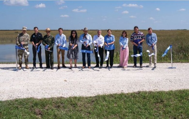 Pictured from Left to Right: Maj. Cory Bell, USACE - Jacksonville District; Deputy Secretary Adam Blalock, DEP; Superintendent Pedro Ramos, Everglades National Park; Director Drew Bartlett, SFWMD; Sen. Ana Maria Rodriguez; Board Member "Alligator Ron" Bergeron, SFWMD; Mayor Jose “Pepe” Diaz, City of Sweetwater; Board Member Charlette Roman, SFWMD; Board Member Cheryl Meads, SFWMD; Curtis Osceola, Miccosukee Tribe; Eric Eikenberg, Everglades Foundation.