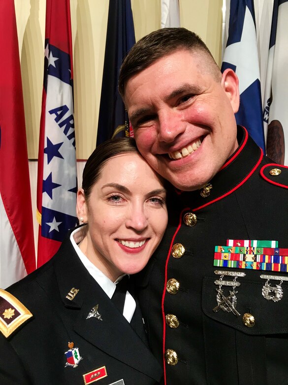 Maj. Brenda S. Sumner is pictured with her husband, Bill, a retired 23-year Marine Corps veteran, following her 2018 promotion to major in 2018 at Fort Detrick, Maryland. Sumner, who was recently selected for promotion to the rank of lieutenant colonel, currently serves as deputy commander for operations and the senior female Soldier at the U.S. Army Medical Materiel Center-Europe.