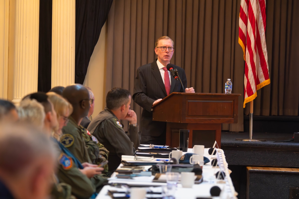 International graduates representing various countries return to the Air University campus, joining Air Force and Department of State leaders to share perspectives on a variety of military topics during the second annual International Alumni of Distinction Seminar at Maxwell Air Force Base. Apr. 17, 2024. Ambassador Michael Fitzpatrick partakes in a presentation about strategic environment and its historical effects throughout South America. - (U.S. Air Force photo by Sean Ross)