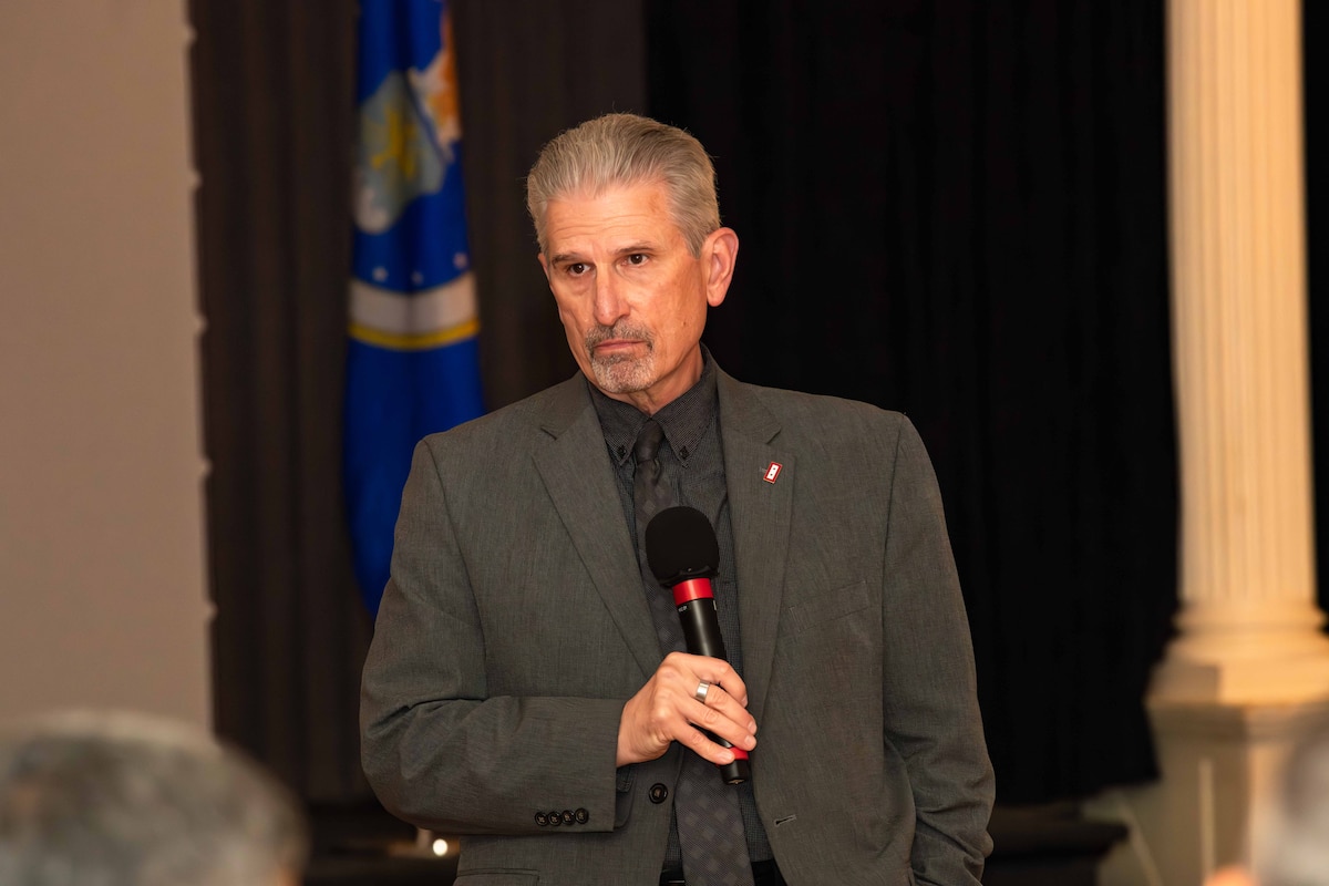 International graduates representing various countries return to the Air University campus, joining Air Force and Department of State leaders to share perspectives on a variety of military topics during the second annual International Alumni of Distinction Seminar at Maxwell Air Force Base. Apr. 17, 2024. Dr. Mark J. Conversino, Provost and Chief Academic Officer, Air University, Maxwell Air Force Base, converses with servicemen about strategic environment, plus shares his knowledge or Russia’s historical and current disposition within such principles. - (U.S. Air Force photo by Sean Ross)