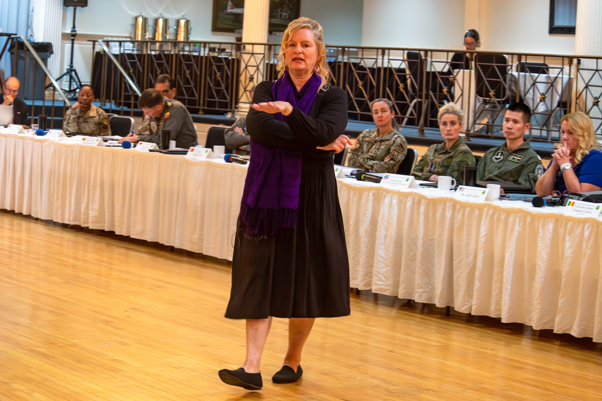 International graduates representing various countries return to the Air University campus, joining Air Force and Department of State leaders to share perspectives on a variety of military topics during the second annual International Alumni of Distinction Seminar at Maxwell Air Force Base. Apr. 16, 2024. Dr. Michele Devlin, Professor of Environmental Security at the U.S. Army War College and Professor of Arctic Health and Human Security with the National Science Foundation’s UNI ARCTICenter, speaks on the climate effects on military operations. Maxwell AFB, Ala. -  (U.S. Air Force photo by Sean Ross)