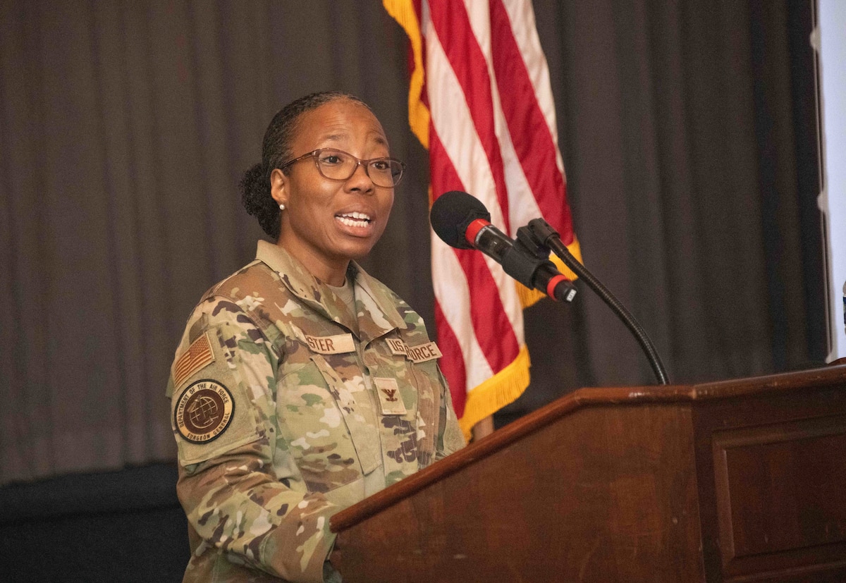 International graduates representing various countries return to the Air University campus, joining Air Force and Department of State leaders to share perspectives on a variety of military topics during the  second annual International Alumni of Distinction Seminar at Maxwell Air Force Base. Apr. 18, 2024. Speaker Colonel Gwendolyn A. Foster is the Commander, 412th Medical Group, 412thTest Wing, Edwards Air Force Base, California conducts Q&A discussion. International Officer School hosted the five-day event, which was built around the theme, “Peace Through Partnership” and is designed to enhance and building strategic relationships with partners and allies to maintain the leading edge in global competition.  (US Air Force photo by Darius Hutton)”