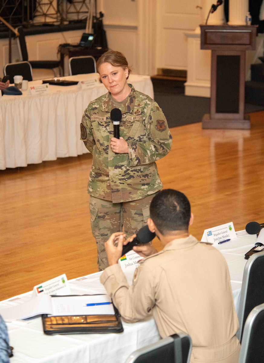International graduates representing various countries return to the Air University campus, joining Air Force and Department of State leaders to share perspectives on a variety of military topics during the  second annual International Alumni of Distinction Seminar at Maxwell Air Force Base. Apr. 18, 2024. Speaker Brig. Gen. Jori A. Robinson serves as the Assistant Deputy Chief of Staff, Intelligence, Surveillance and Reconnaissance, Headquarters U.S. Air Force Conducts Q&A discussion. International Officer School hosted the five-day event, which was built around the theme, “Peace Through Partnership” and is designed to enhance and building strategic relationships with partners and allies to maintain the leading edge in global competition.  (US Air Force photo by Darius Hutton)”