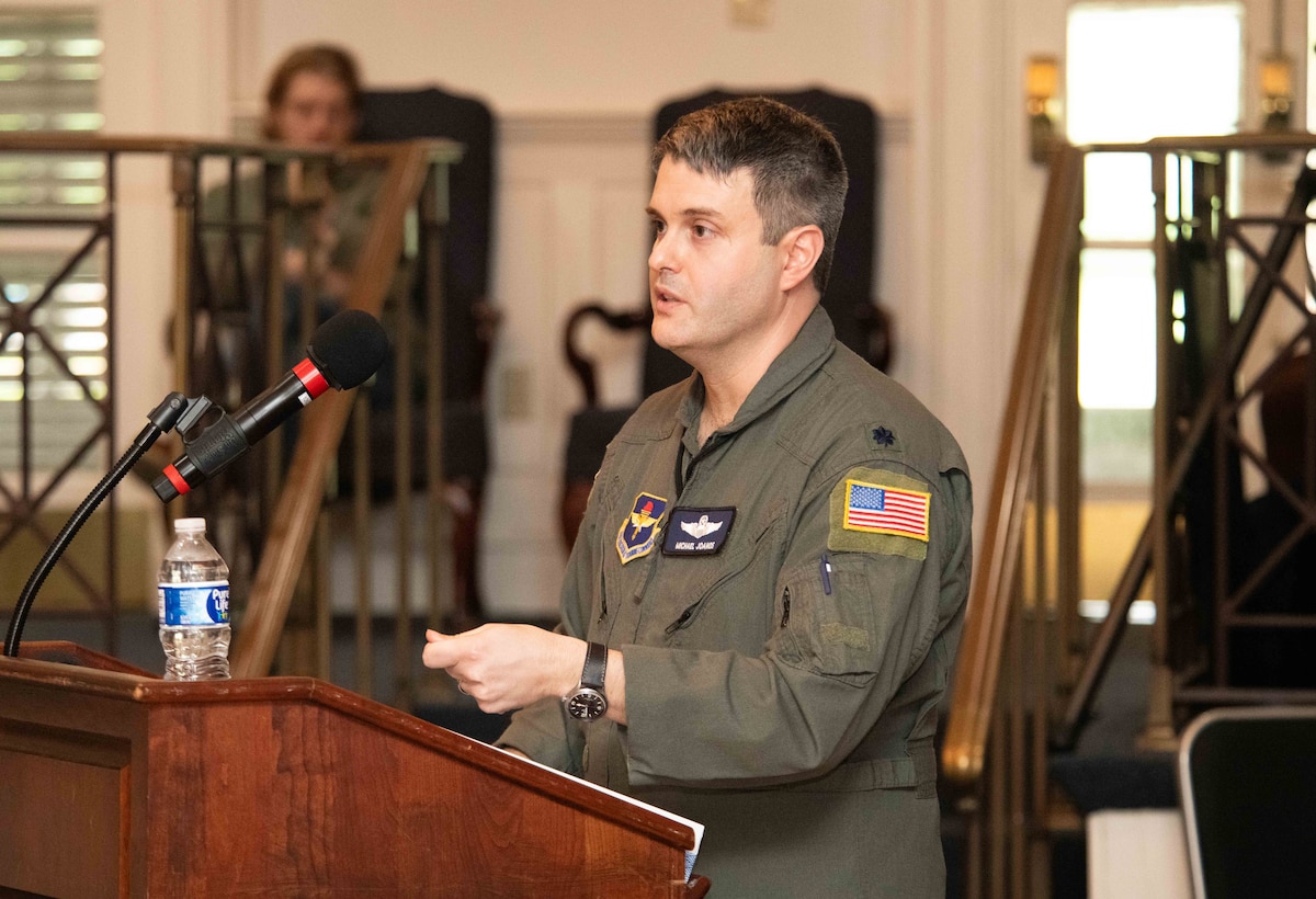 International graduates representing various countries return to the Air University campus, joining Air Force and Department of State leaders to share perspectives on a variety of military topics during the  second annual International Alumni of Distinction Seminar at Maxwell Air Force Base. Apr. 18, 2024. Speaker Lt. Col. Michael E. Joanos, 99th Expeditionary Reconnaissance Squadron (ERS) commander Conducts Q&A discussion. International Officer School hosted the five-day event, which was built around the theme, “Peace Through Partnership” and is designed to enhance and building strategic relationships with partners and allies to maintain the leading edge in global competition.  (US Air Force photo by Darius Hutton)”
