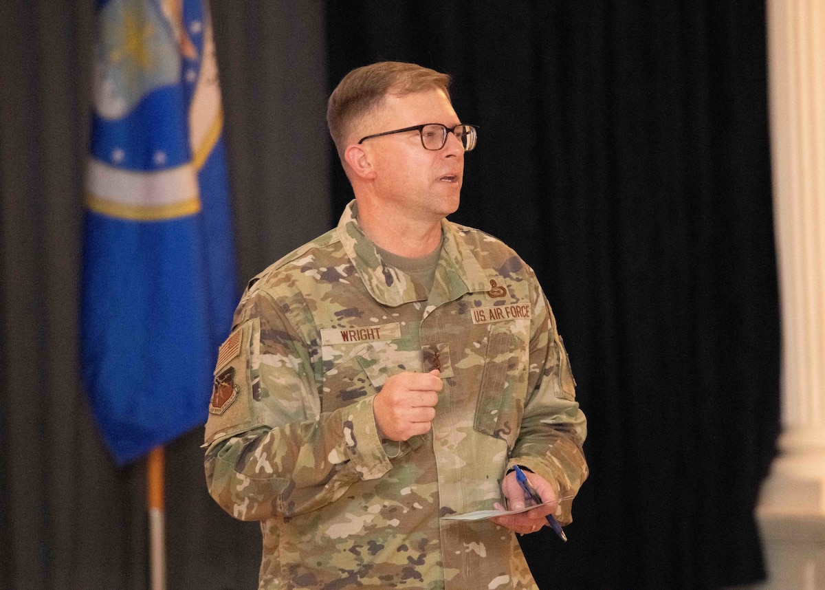 International graduates representing various countries return to the Air University campus, joining Air Force and Department of State leaders to share perspectives on a variety of military topics during the  second annual International Alumni of Distinction Seminar at Maxwell Air Force Base. Apr. 18, 2024. Speaker Maj. Gen. Parker H. Wright  the Commander, Curtis E. LeMay Center for Doctrine Development and Education, and Deputy Commander, Air University, Maxwell Air Force Base gives closing remarks. International Officer School hosted the five-day event, which was built around the theme, “Peace Through Partnership” and is designed to enhance and building strategic relationships with partners and allies to maintain the leading edge in global competition.  (US Air Force photo by Darius Hutton)”