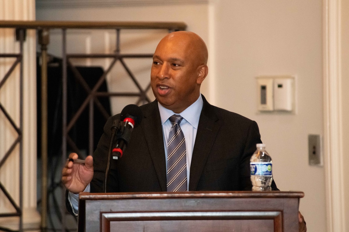 International graduates representing various countries return to the Air University campus, joining Air Force and Department of State leaders to share perspectives on a variety of military topics during the  second annual International Alumni of Distinction Seminar at Maxwell Air Force Base. Apr. 15, 2024. Speaker Stanley L. Brown is the Principal Deputy Assistant Secretary for the Bureau of Political-Military Affairs takes Q&A. International Officer School hosted the five-day event, which was built around the theme, “Peace Through Partnership” and is designed to enhance and building strategic relationships with partners and allies to maintain the leading edge in global competition.  (US Air Force photo by Darius Hutton)”