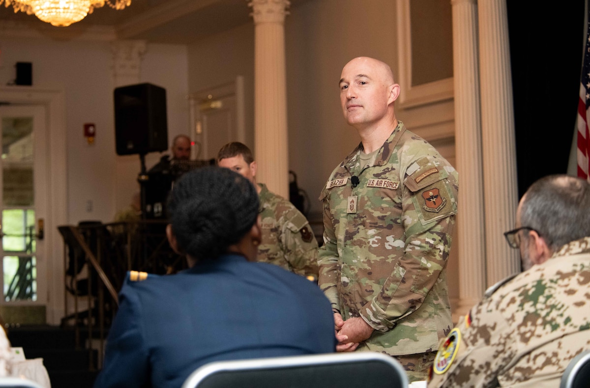International graduates representing various countries return to the Air University campus, joining Air Force and Department of State leaders to share perspectives on a variety of military topics during the  second annual International Alumni of Distinction Seminar at Maxwell Air Force Base. Apr. 16, 2024. Speaker Chief Master Sgt. Stefan Blazier is the Command Chief Master Sergeant for Air University, Maxwell Air Force Base conducts Q&A discussion . International Officer School hosted the five-day event, which was built around the theme, “Peace Through Partnership” and is designed to enhance and building strategic relationships with partners and allies to maintain the leading edge in global competition.  (US Air Force photo by Darius Hutton)”