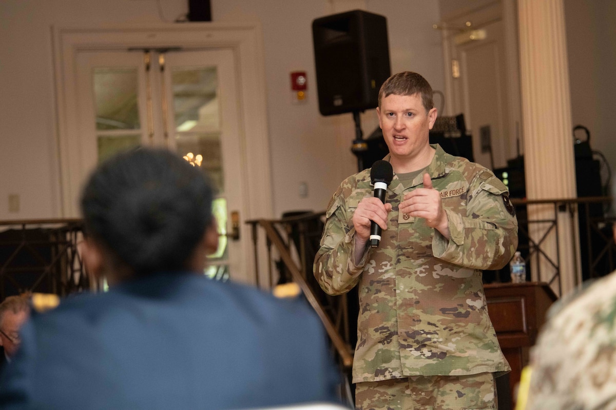 International graduates representing various countries return to the Air University campus, joining Air Force and Department of State leaders to share perspectives on a variety of military topics during the  second annual International Alumni of Distinction Seminar at Maxwell Air Force Base. Apr. 16, 2024. Speaker Chief Master Sergeant Joshua T. Lackey is the Command Chief, Barnes Center for Enlisted Education, Maxwell AFB conducts Q&A discussion . International Officer School hosted the five-day event, which was built around the theme, “Peace Through Partnership” and is designed to enhance and building strategic relationships with partners and allies to maintain the leading edge in global competition.  (US Air Force photo by Darius Hutton)”