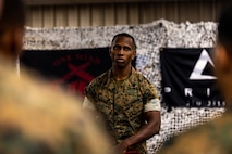 U.S. Marine Corps Sgt. David Hamptonfurr, a drill instructor with Instructions Training Company, Support Training Battalion, speaks on the importance of Marine Corps Martial Arts Program to his fellow Marines at Marine Corps Recruit Depot San Diego, California, April 19, 2024. Hamptonfurr received this award due to his courageous actions by saving an individual after witnessing a car accident. (U.S. Marine Corps photo by Cpl. Joshua M. Dreher)