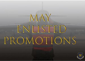 Photo Airman marshalling B-1 Bomber. Text " May Enlisted Promotions" is overlaid.