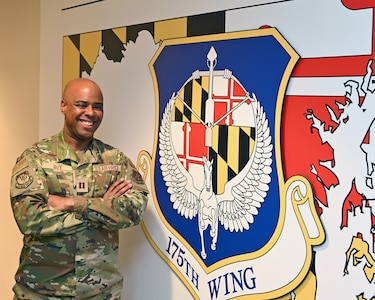 Maryland Air National Guard Capt. Kerry Guy, 175th Wing contracting officer, poses for a photograph at Warfield Air National Guard Base, April 17, 2024, in Middle River, Maryland. Guy is the officer in charge of the 175th Wing Spark Cell, which was established in January 2022 and boasts over 60 members across 15 squadrons.