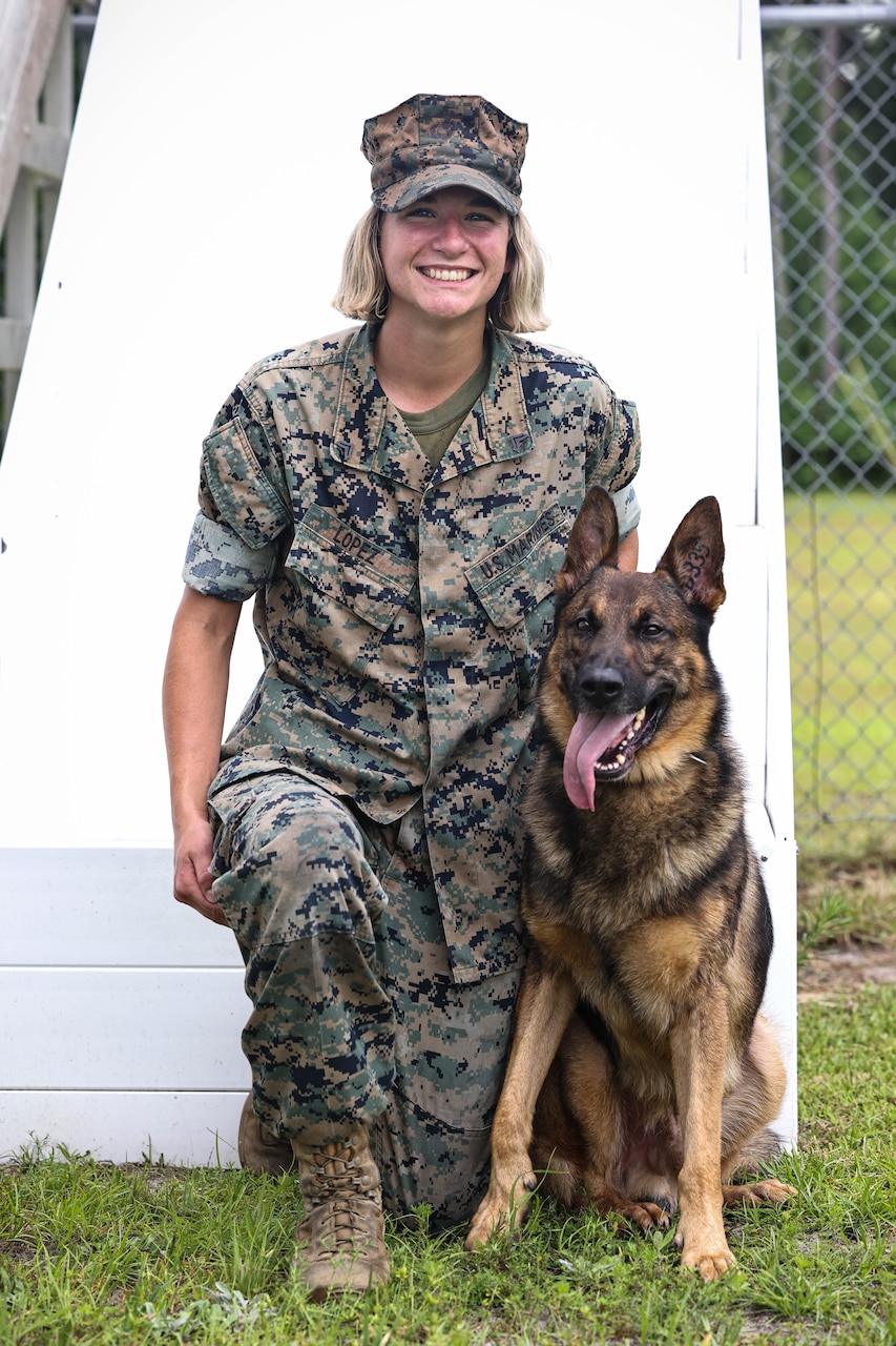 A Marine in camouflage kneels in a field next to a sitting military working dog.