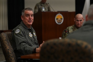 U.S. Air Force Gen. Mike Minihan, Air Mobility Command commander, delivers remarks during the Phoenix Rally conference at MacDill Air Force Base, Florida, April 29, 2024. Spring Phoenix Rally brought together more than 300 Total Force Mobility Air Force leaders and spouses to discuss Warrior Heart, Air Mobility Command's strategy and priorities, and how to work together to ensure the Mobility Air Force is ready to deliver Rapid Global Mobility across the Joint Force. (U.S. Air Force photo by Senior Airman Jessica Do)