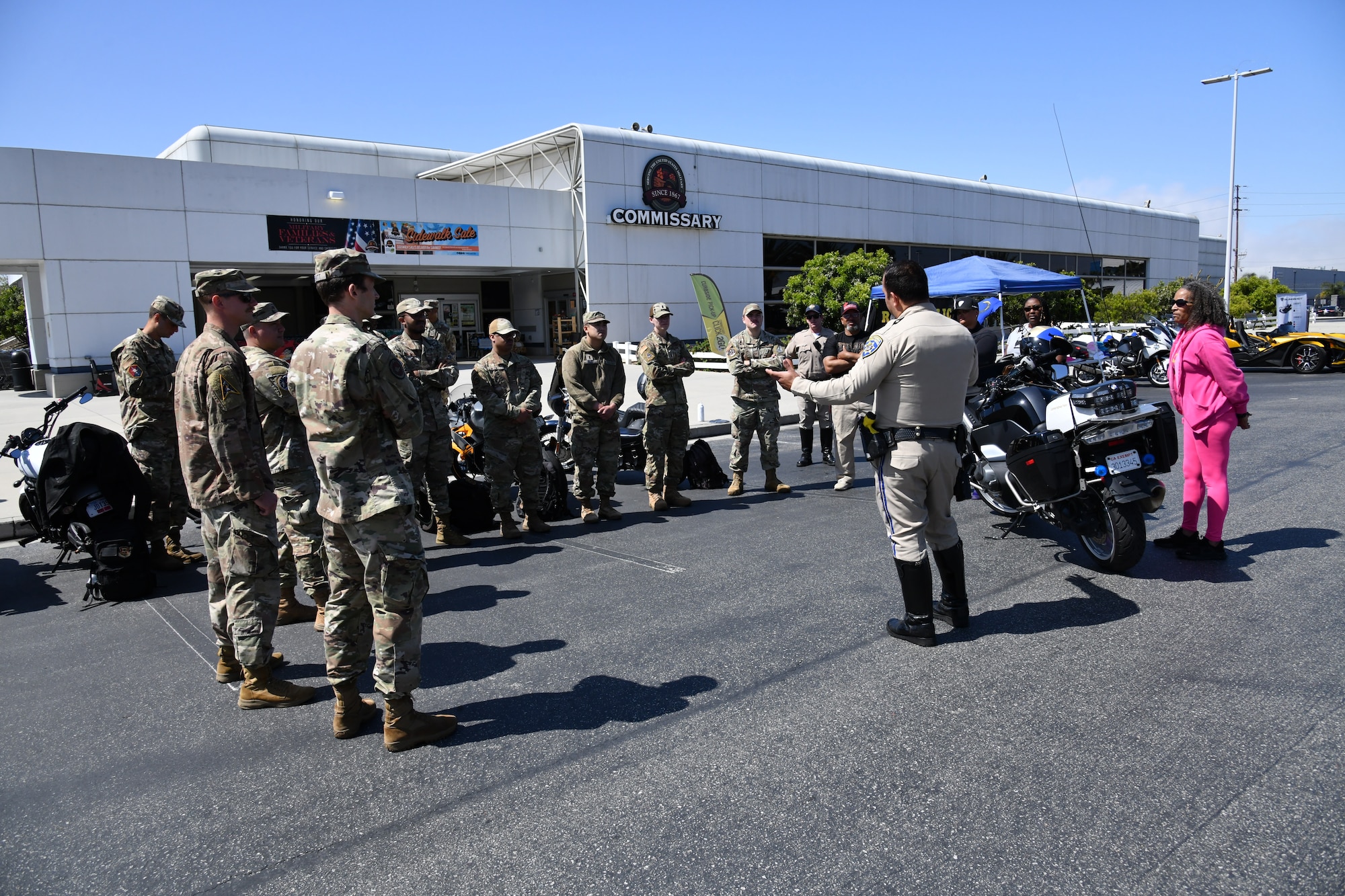 Officer Sepulveda from the California Highway Patrol provides opening remarks for the annual motorcycle safety awareness day at Los Angeles Air Force Base in the Commissary parking lot.,