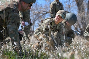 Airmen look for stuff in a field of tall grass