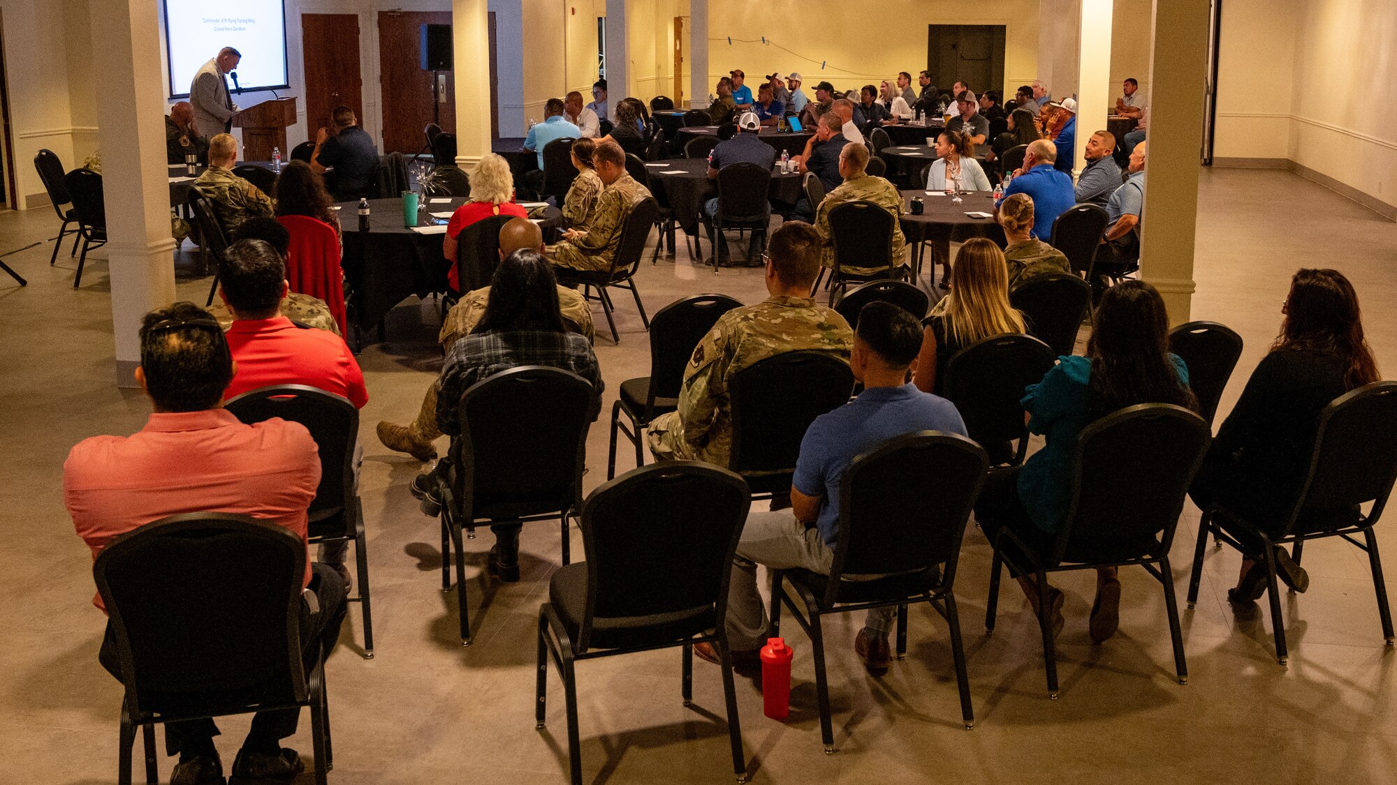 Mr. Jesus Perez, 47th Contracting Squadron director of business, briefs local business owners about the upcoming schedule for the Small Business Day event at Laughlin Air Force Base, Texas, April 26, 2024. This meeting aimed to connect with local contractors who are invested within the Del Rio community to reduce the procurement lead time for construction projects. (U.S. Air Force photo by Staff Sgt. Nicholas Larsen)