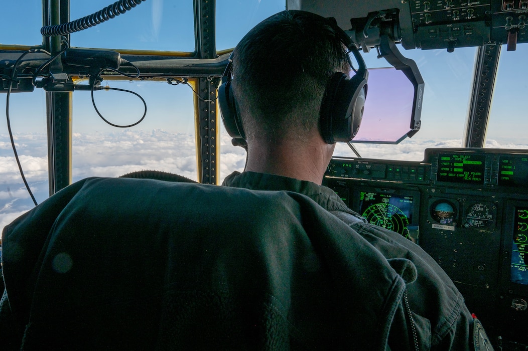 A U.S. Marine Corps pilot assigned to the Marine Aerial Refueler Transport Squadron (VMGR) 234 flies a KC-130J during Red Flag-Alaska 24-1 in the Joint Pacific Alaska Range Complex, Alaska, April 25, 2024.