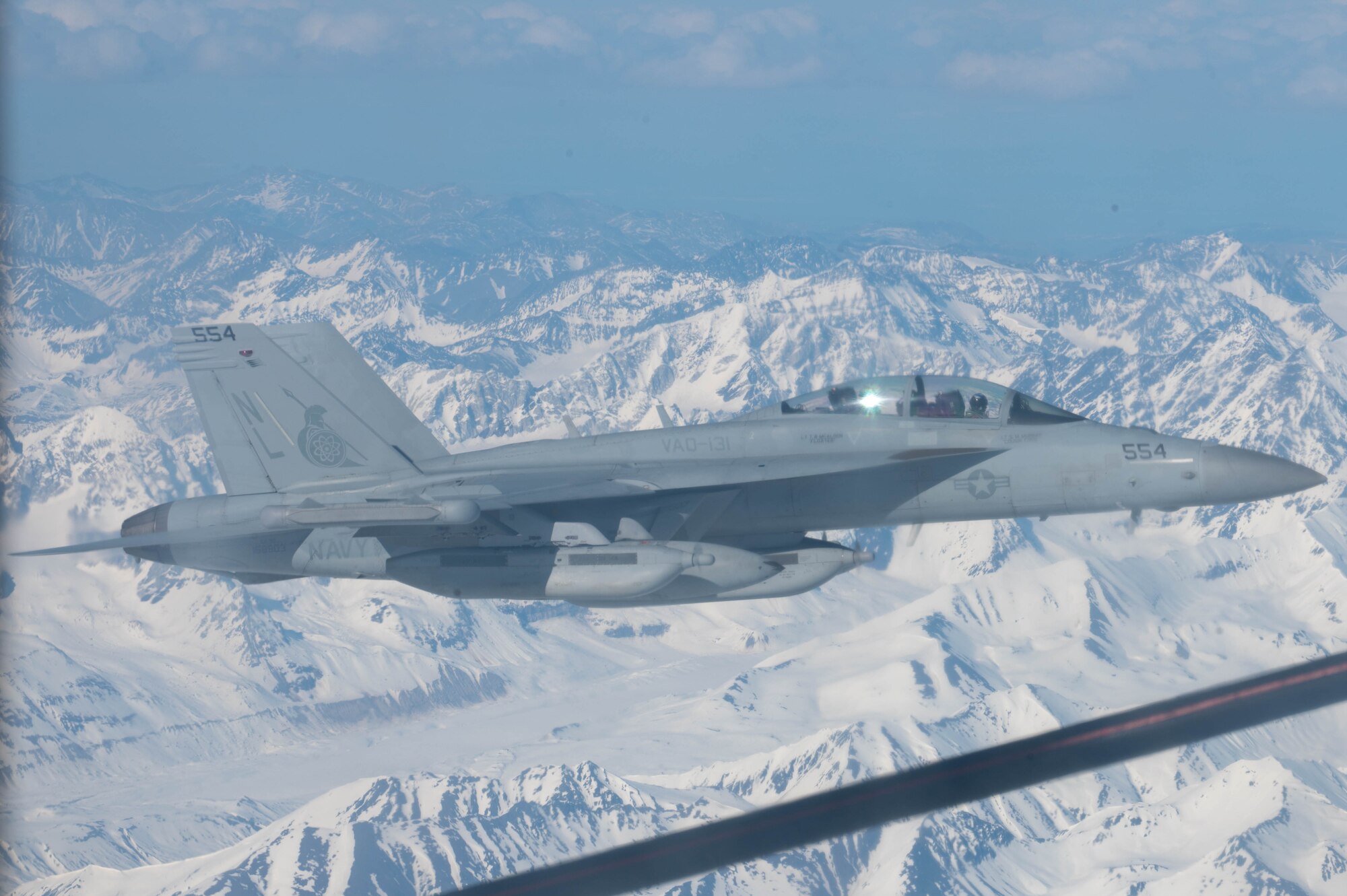 An EA-18G Growler assigned to the Electronic Attack Squadron (VAQ) 131 flies in the Joint Pacific Alaska Range Complex during Red Flag-Alaska 24-1, Alaska, April 25, 2024.