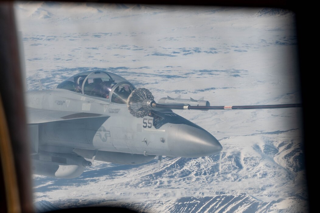An EA-18G Growler assigned to the Electronic Attack Squadron (VAQ) 131 refuels during Red Flag-Alaska 24-1 in the Joint Pacific Alaska Range Complex, Alaska, April 25, 2024.