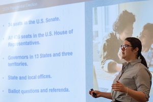 Sarah Gooch, Department of Defense program analyst, talks about several items up for vote in the upcoming 2024 United States presidential election during a Voting Assistance Officer workshop at Holloman Air Force Base, New Mexico April 24, 2024