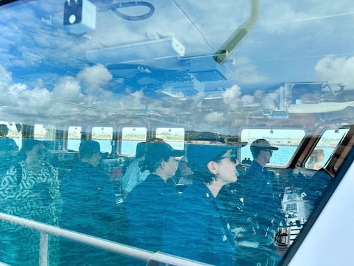 The crew of the USCGC Oliver Henry (WPC 114) navigate out of Apra Harbor, Guam, with a distinguished congressional delegation aboard led by Congressman Sam Graves, Chairman of the House Committee on Transportation and Infrastructure, and Congressman Mike Bost, Chairman of the House Committee on Veterans Affairs at the unit in Guam on April 26, 2024. The delegation also toured critical infrastructure sites, including the damaged glass breakwater and the Port Authority of Guam, from the cutter and the cutter small boat. These sites are essential for military readiness, impact shipping routes, and influence the economic activity and cost of goods in the Marianas. (U.S. Coast Guard photo by Chief Warrant Officer Sara Muir)