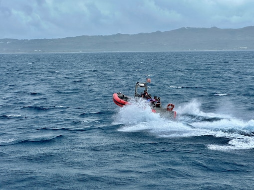 The crew of USCGC Oliver Henry (WPC 1140) take Congressman Sam Graves, Chairman of the House Committee on Transportation and Infrastructure, and Congressman Mike Bost, Chairman of the House Committee on Veterans Affairs, into Apra Harbor, Guam, aboard the small boat on April 26, 2024. The delegation also toured critical infrastructure sites, including the damaged glass breakwater and the Port Authority of Guam, from the cutter and the cutter small boat. These sites are essential for military readiness, impact shipping routes, and influence the economic activity and cost of goods in the Marianas. (U.S. Coast Guard photo by Chief Warrant Officer Sara Muir)