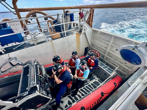 Capt. Nicholas Simmons, commander of U.S. Coast Guard Forces Micronesia/Sector Guam, escorts Congressman Sam Graves, Chairman of the House Committee on Transportation and Infrastructure, and Congressman Mike Bost, Chairman of the House Committee on Veterans Affairs, aboard the USCGC Oliver Henry (WPC 1140) small boat for a tour of Apra Harbor, Guam, on April 26, 2024. The delegation also toured critical infrastructure sites, including the damaged glass breakwater and the Port Authority of Guam, from the cutter and the cutter small boat. These sites are essential for military readiness, impact shipping routes, and influence the economic activity and cost of goods in the Marianas. (U.S. Coast Guard photo by Chief Warrant Officer Sara Muir) 



KLE, CODEL, Guam, FRC, WPC 1140